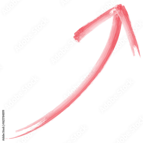 右上の方向に縁起よく右肩上がりの直線で力強く上昇する赤い色の手描き風で水彩調の矢印イラスト素材