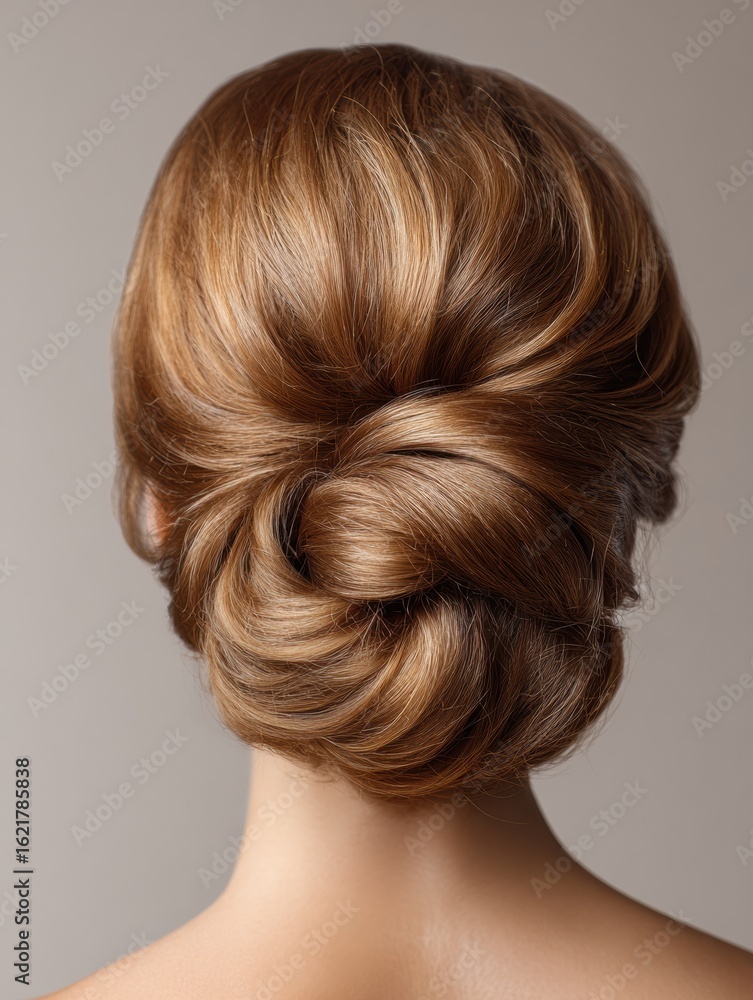 Naklejka premium Elegant Chignon Hairstyle Showcased in a Salon Setting With a Blurred Background, Perfect for Special Occasions and Formal Events