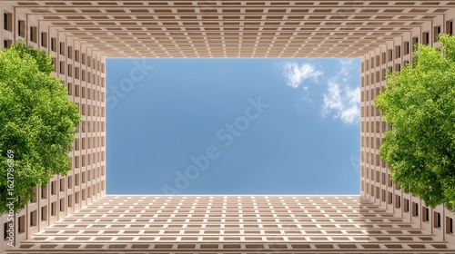 Architectural View of a Building Courtyard Under Clear Sky
