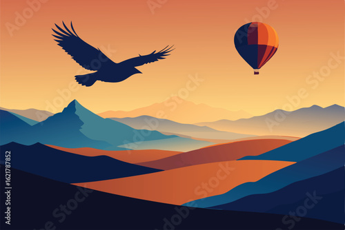 eagle flying above a hot air balloon in desert sky.eps