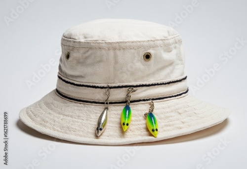 Off-white bucket hat with fishing lures (2)