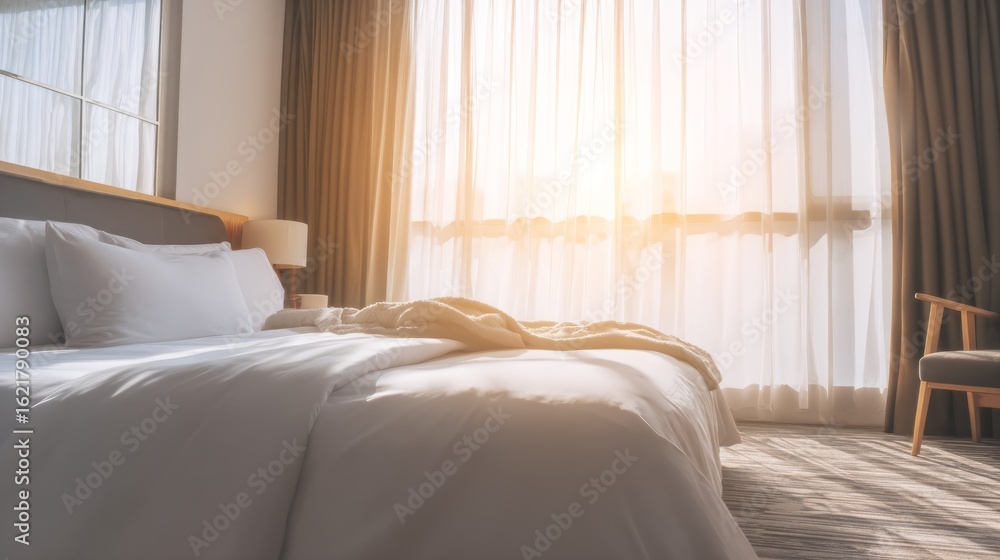 Fototapeta premium Serene hotel bedroom bathed in morning light, featuring minimalist decor and a neatly made bed. 