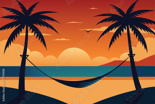 peaceful beach with hammock between two palm trees.eps