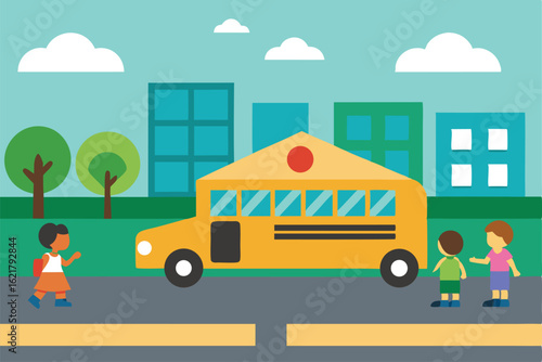 school bus picking up kids on a quiet american