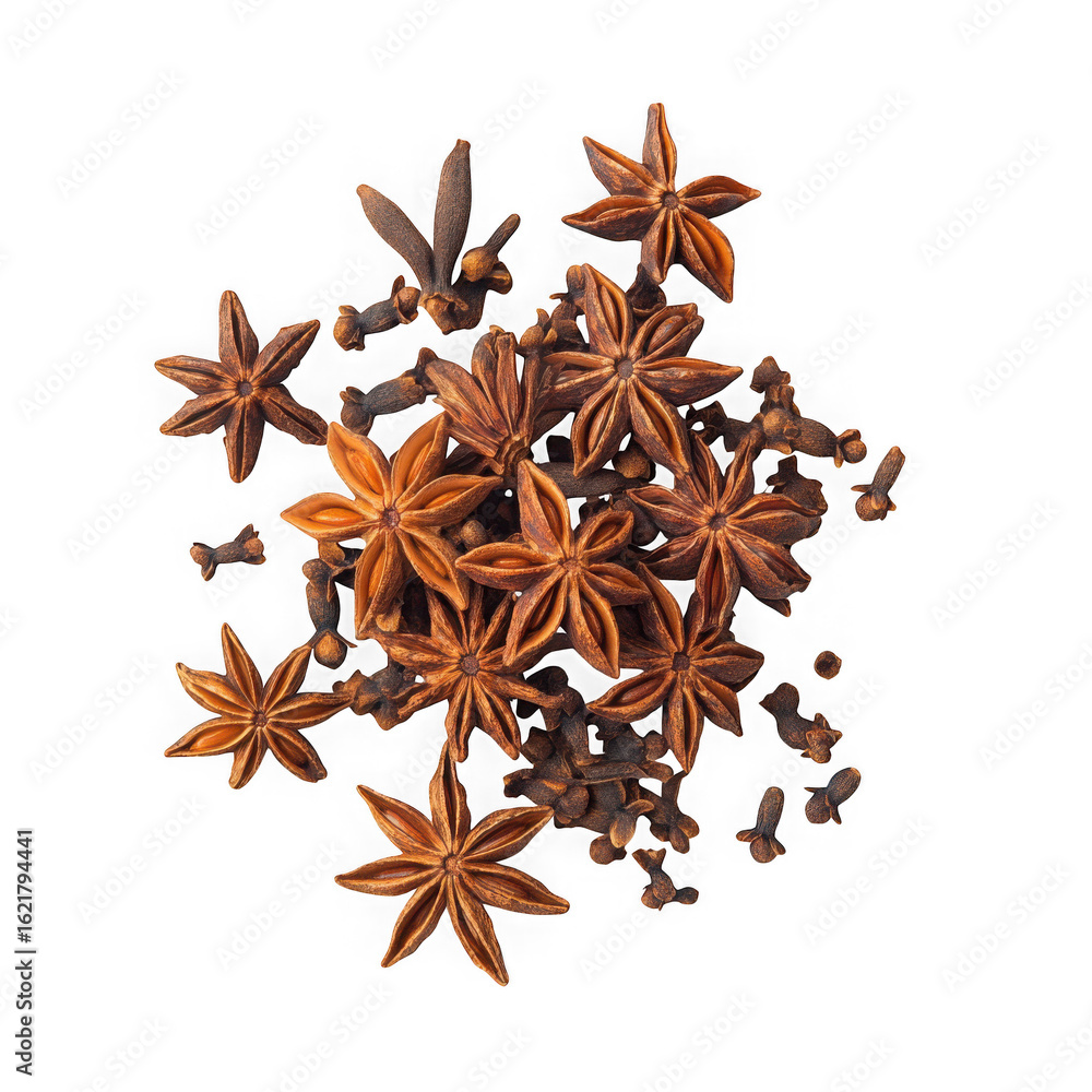 Aromatic star anise spice pods scattered on a black surface isolated on transparent background Aromatic star anise spice pods scattered on a black surface isolated on transparent background