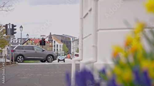 Man walks through downtown Reykjavik amid urban traffic and vibrant flowers