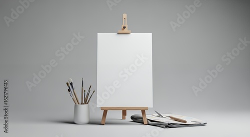 Wallpaper Mural Minimalist Art Easel Setup with Blank Canvas and Drawing Supplies in Neutral Gray Studio Torontodigital.ca
