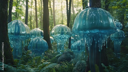 Enchanted Forest: Luminescent Blue Fungi in a Mystical Woodland Setting