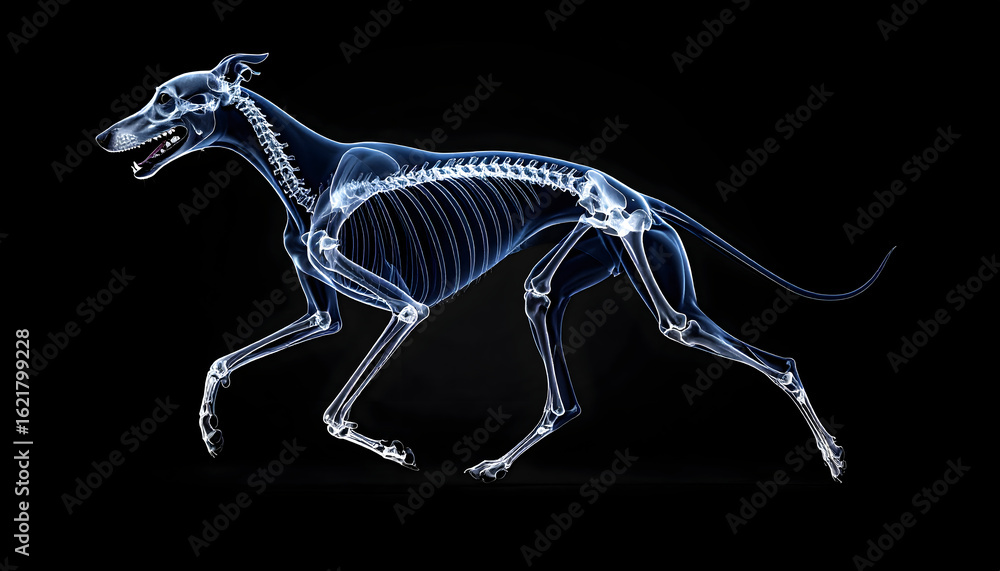Fototapeta premium Detailed X-Ray Visualization of a Running Greyhound Dog on Black Background