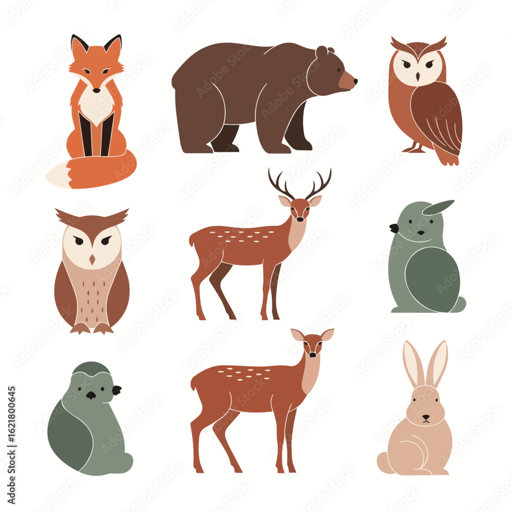 Fototapeta premium Cute Animal Icon Set - Cartoon Farm and Wild Animals in Vector Style