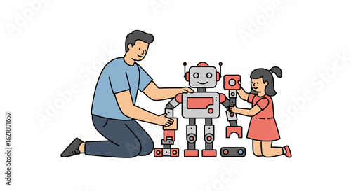 Father and daughter building robot