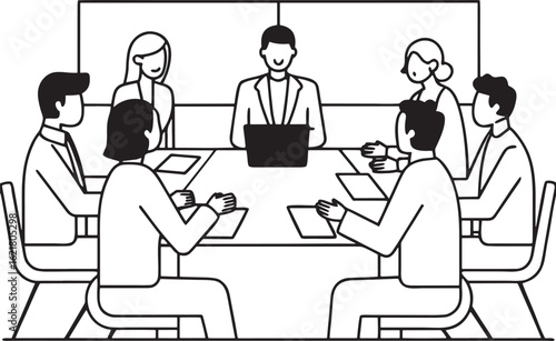 Black and white line art illustration of a business meeting around a table team teamwork