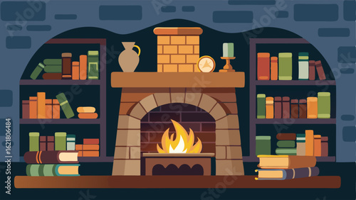 A stone fireplace serves as the focal point of the cozy cottage surrounded by shelves filled with antique books and trinkets.