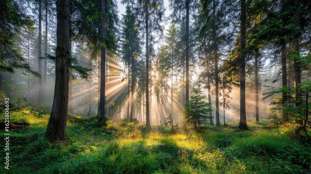 Obraz premium Sunbeams pierce misty forest