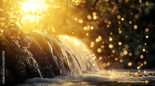 Golden waterfall cascading over rocks in a mystical forest