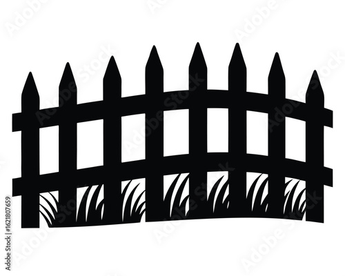 A wooden picket fence with grass isolated on white background