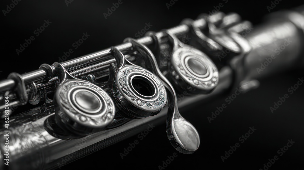 Fototapeta premium Black and white close-up of a flute with intricate keys, lying on a dark background
