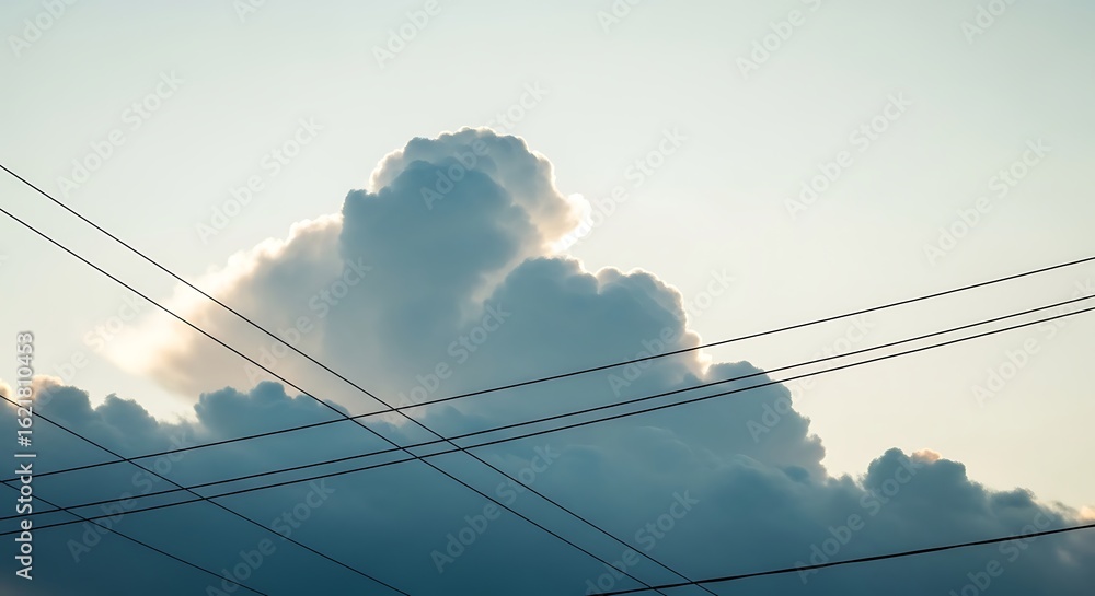 Fototapeta premium A large cloud formation with visible power lines against a pale sky backdrop
