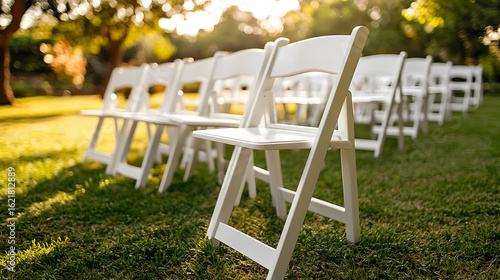 Rows of white folding chairs on a grassy lawn outdoors.