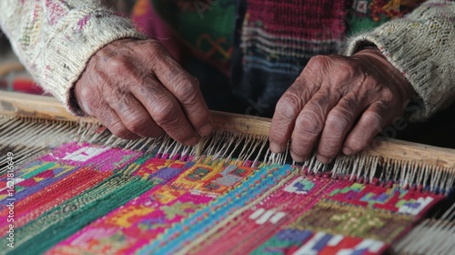 Hands of an Artisan Weaving Traditional Textiles with Colorful Threads and Intricate Patterns in a Craft Workshop