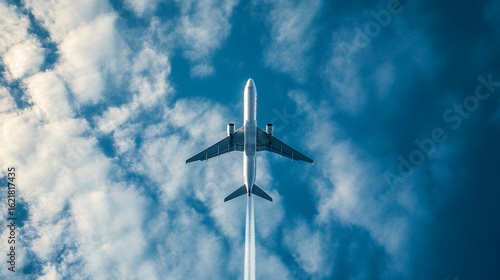 Commercial airliner ascends through a cloudy blue sky, viewed from the wingtip with visible vapor trails.