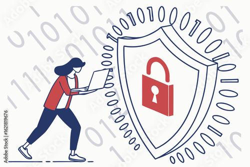 Cybersecurity shield with lock icon, data background