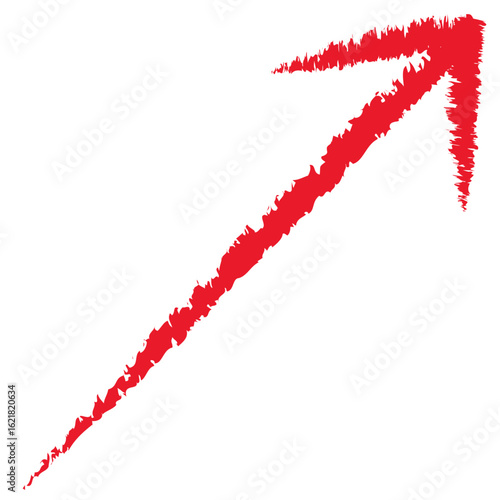 右上の方向に縁起よく右肩上がりの直線で力強く上昇する赤い色の手描きチョーク風の矢印イラスト素材。ベクター。