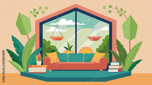 A reading nook built into a large bay window surrounded by hanging plants and a view of a nearby park.