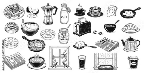 A set of detailed hand-drawn breakfast items—food, drinks, and morning essentials. It represents eating and daily routine. Ideal for menus, kitchen art, planners, and food-related designs.