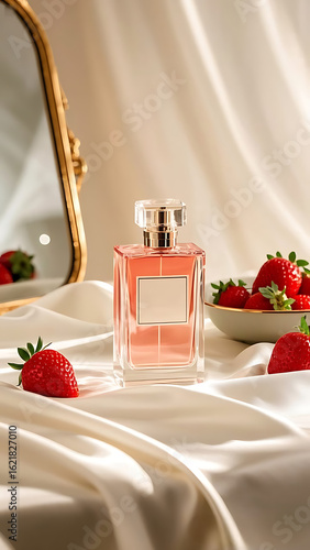 Perfume Bottle with Strawberries and a Mirror on a Silk Surface,4k, product photography 