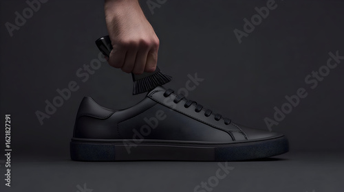 Hand putting on black sneaker studio shot