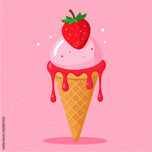 A delightful cartoon illustration features a strawberry ice cream cone with pink frosting, drizzled syrup, and a strawberry on top, all set against a pastel pink background.