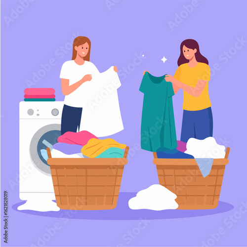 Two women sort clean laundry from wicker baskets beside a washing machine with folded clothes, in a bright, minimalist vector illustration on a light purple background.