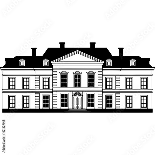 Elegant manor house illustration for historical designs or architectural projects, an estate building drawing, classic architecture