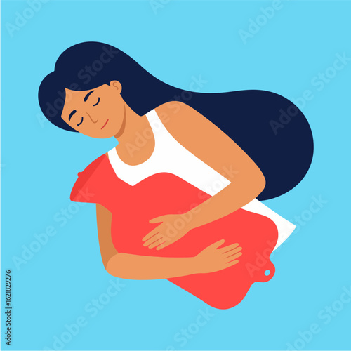 Woman embraces a red hot water bottle with a serene expression for warmth and comfort, set against a soothing light blue background.