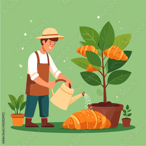 A cheerful gardener waters a whimsical tree bearing croissants instead of fruit, nestled amongst potted plants on a light green background, creating a playful and imaginative scene.