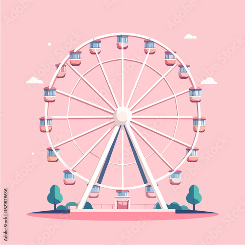 A minimalist vector illustration of a Ferris wheel on a pink background, featuring a clean design with soft colors and a charming, nostalgic atmosphere for various creative projects.