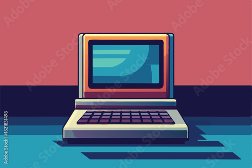 retro laptop computer with pixel art coding screen.eps