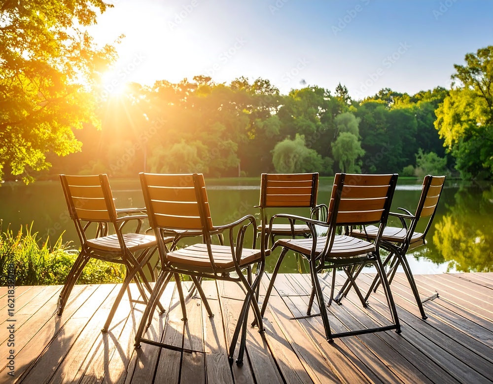 Park chairs by a serene lake at sunrise Park chairs by a serene lake at sunrise