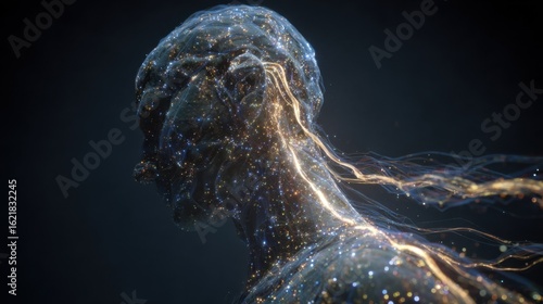 Medium shot showcasing a human contour glowing with sensory nodes linked by a shimmering sixth sense beam representing the fusion of physical and extrasensory perception in a