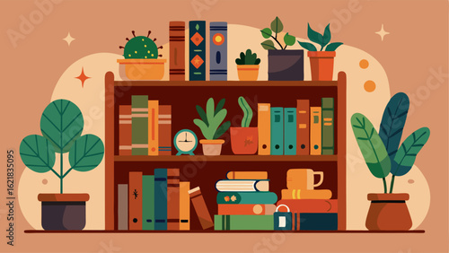 A wooden bookshelf is filled with an eclectic mix of books plants and bohemian trinkets from travels abroad.