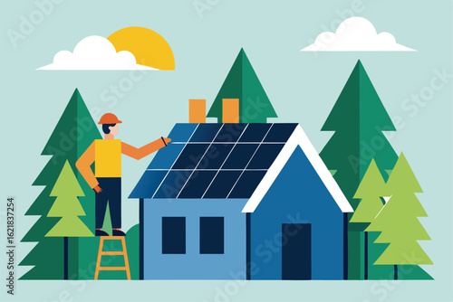 worker installing solar panels in forest home   (1).eps