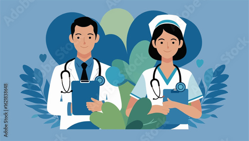 Team of medical workers standing on a blue background. Hospital staff. Vector illustration, character design in flat style.