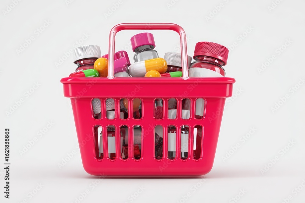 Fototapeta premium A bright red shopping basket overflowing with various medication bottles and pills