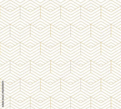 Luxurious seamless geometric pattern with grid of interconnected stars and hexagons in a delicate, thin golden line on white background, creating an elegant and refined decorative backdrop.