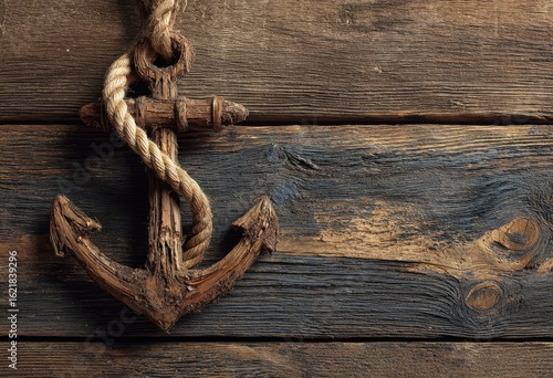 Worn wooden anchor hanging from rope on weathered wood