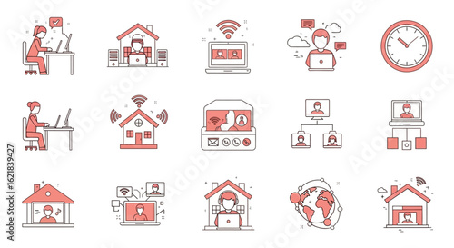A modern collection of flat line icons depicting remote work, home office, online communication, and digital connectivity, ideal for business concepts.