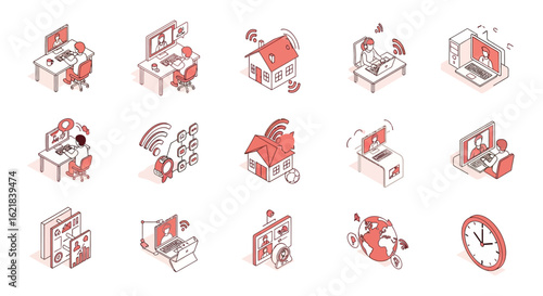 This versatile collection of isometric line art icons illustrates modern remote work, smart home technology, global digital connectivity, and online communication.