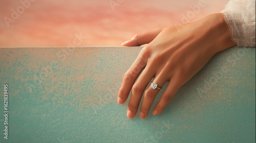 Wallpaper Mural Elegant hand with diamond rings rests on a textured surface against a soft pastel background Torontodigital.ca