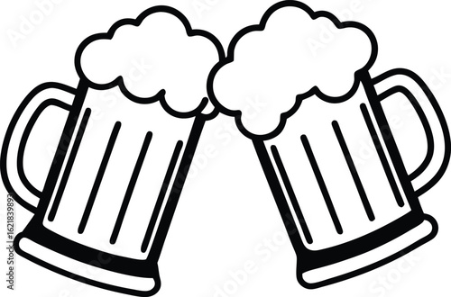 Two Frosty Mugs of Golden Beer Clinking Together in Celebration Vector Design